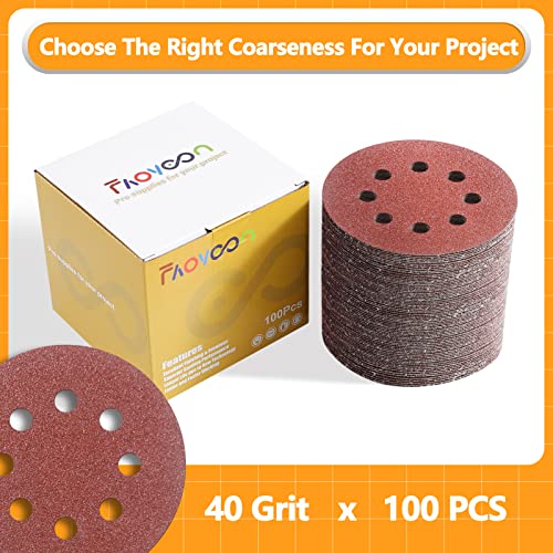 Faoyoon Sanding Disc 5 Inch 8 Hole, 100 Pcs Orbital Sanding Discs Hook And Loop, Sandpaper For Wood, 40 Grit Sand Paper For Random Orbital Sander #TOP2