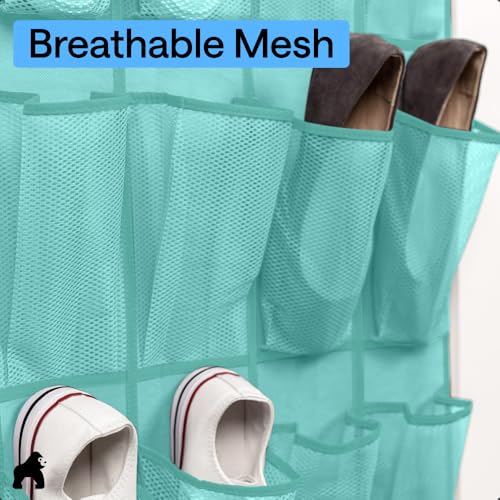 Image of Gorilla Grip Over The Door Mesh Pocket Shoe Organizer, 24 Large Breathable Durable Pockets, Hooks for Hanging on Closet Door, Storage Rack, Organizers for Shoes, Sneakers, Accessories, Turquoise