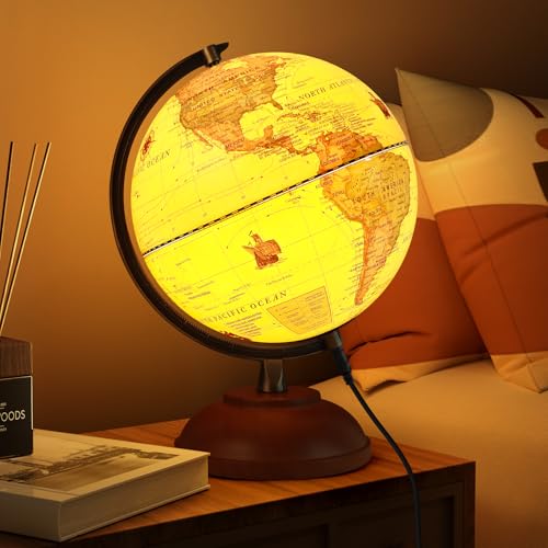 JOWHOL Illuminated Globe of the World with Wooden Stand, 8'' Vintage World Globe Built in LED Night Light for Kids&Adults' Geography Learning, Decor for Home Office Classroom