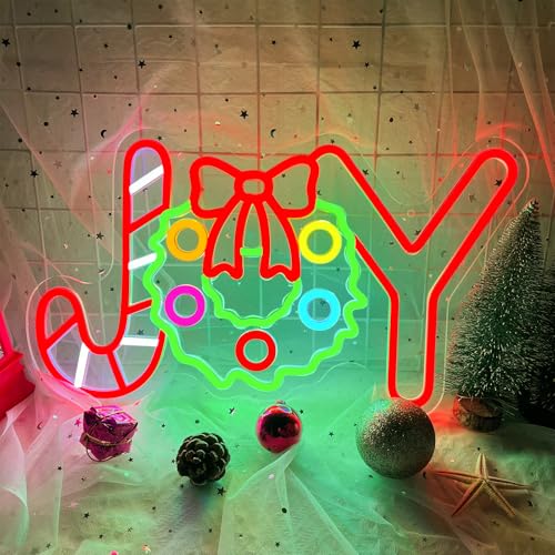 Christmas Neon Sign Christmas Joy Neon Light Signs Wreath Light Sign for Wall Decor Dimmable USB Powered LED xmas Candy Light Up Sign for Bedroom Living Room Holiday Parties Festival Bar Shop