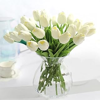 OUKEYI 20 pcs Artificial Tulip Flowers with Soft Latex Materials for Home Garden Wedding Party Floral Decor and DIY Floral Arrangements (White)