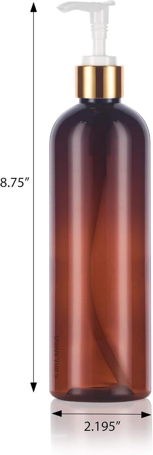 JUVITUS 12 oz Amber Slim Tall Boston Round Plastic PET Bottle (BPA Free) with Gold Lotion Pump (12 pack)