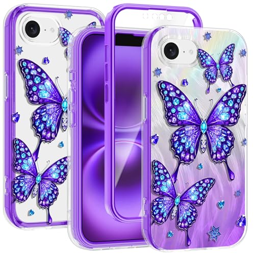 Rancase for iPhone 16e Case with Screen Protector, Clear Butterfly Design, Removable Frosted Glitter Card, Hard PC&TPU Bumper Shockproof Protective Full Body Rugged Phone Cover Women, Purple by Rancase - Used condition - US$5.24