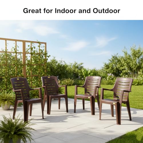 Image of Patiofy Plastic Chair for Home & Outdoor Use | Heavy Duty Comfortable Chair with Strong Legs | Stackable, Easy to Clean | Suitable for Living Room, Balcony, Patio Pack of 4 (Maxim Brown)