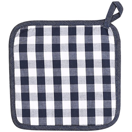Neoviva Quilted Kitchen Pot Holder Set Of 2 With Loop, 8”X8” Hot Pot Holders Heat Resistant With Pocket For Easy Grip, Checked Navy Blue #TOP5