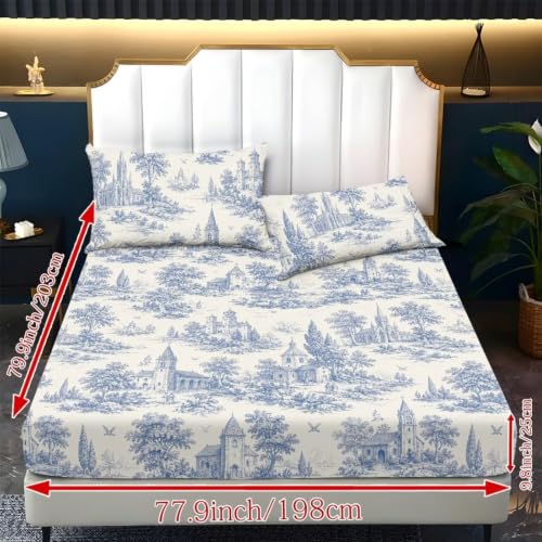Txsniver 3 Pcs Twin Size Polyester Fitted Sheet Set, Chateau Toile Print, Soft Cozy All-Season Bedding Set with 1 Fitted Sheet and 2 Pillowcases, Breathable Comfy Sheets for Bedroom - Image 6