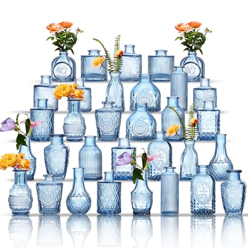Glass Bud Vases Set of 32 - Blue Assorted Small Mini Glass Vases for Flowers, Crystal...