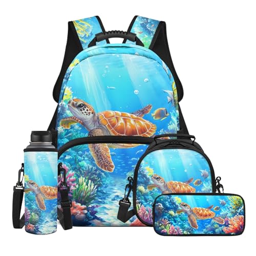 CLOHOMIN Sea Turtle Backpack Lunchbox Set for Girls 4 in 1 Kids School Bag and Lunch Box for Boys Preschool Bookbag with Lunch Bags + Pencil Case + Water Bottle Bag Girls Book Bags, Blue Ocean