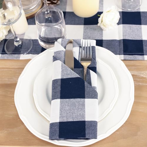 Image of Cotton Blend Buffalo Plaid Table Napkins (Set of 4), 20 x 20 Inch Washable Dinner Napkins, Checks Cloth Napkins for Restaurant, Wedding, Holiday, Farmhouse, Navy and White