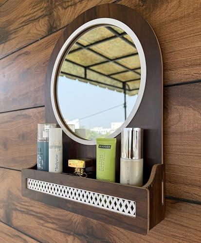 Image of 7CR Wooden Wall Mounted Dressing Round Mirror with Storage Shelf, Round, Walnut Brown, 43.5 x 33.4 x 8 cm