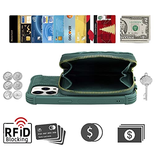 MONASAY Zipper Wallet Case Fit for iPhone 13 Pro Max, 6.7in [Glass Screen Protector ][RFID Blocking] Flip Leather Handbag Phone Cover with Card Holder, Crossbody Lanyard Strap, Light green