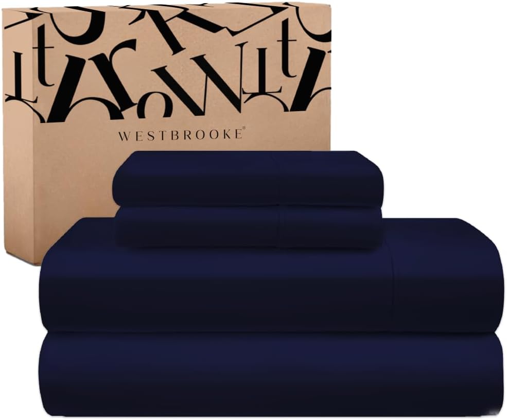 Westbrooke 475TC Lush Sateen 100% Cotton Sheet Set | Queen Size Sateen Sheets - 4 Piece Long Staple Cotton Bedding Set with Elasticized 15.5" Deep Pocket - Soft, Breathable Luxury Sheets - Dark Blue