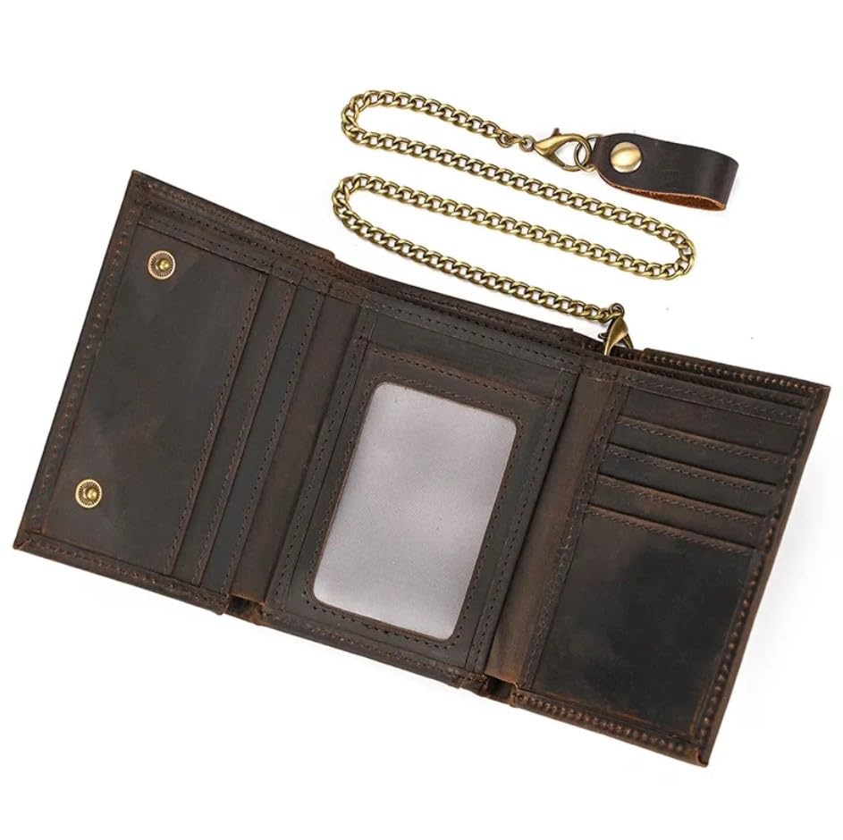 Genuine Leather Trifold Wallet With Metal Chain for Men, Crazy Horse Leather RFID Blocking Card Holder with ID Window (Dark Brown & Chain)3