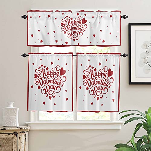 Happy Valentine's Day Kitchen Curtains Set Small Half Curtains 24 Inches Length, Red Love Heart Red Lace Rod Pocket Window Treatment Bedroom Tiers And Valance Set For Cafe Bathroom #TOP1