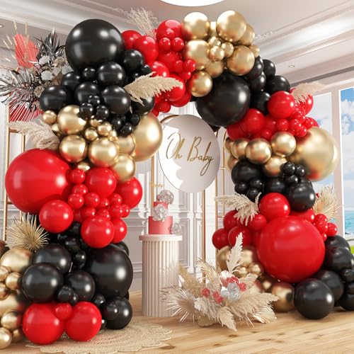 Image of 412Pcs Red Black Gold Balloons Arch kit,18 12 10 5 Inch Different Size Latex Balloons for Anniversary Casino Night Hollywood New Years Movie Night Birthday Decorations