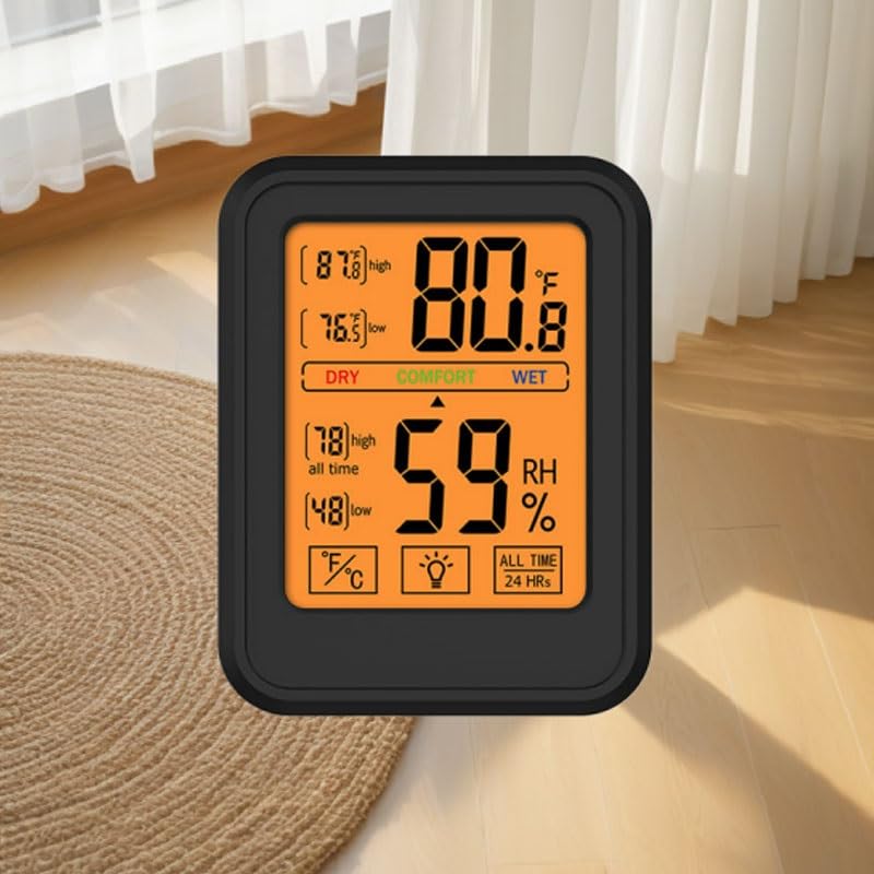 The Multi Functional Indoor Temperature Humidity Meter Can Be Hung or Placed Upright to Record Household Conditions