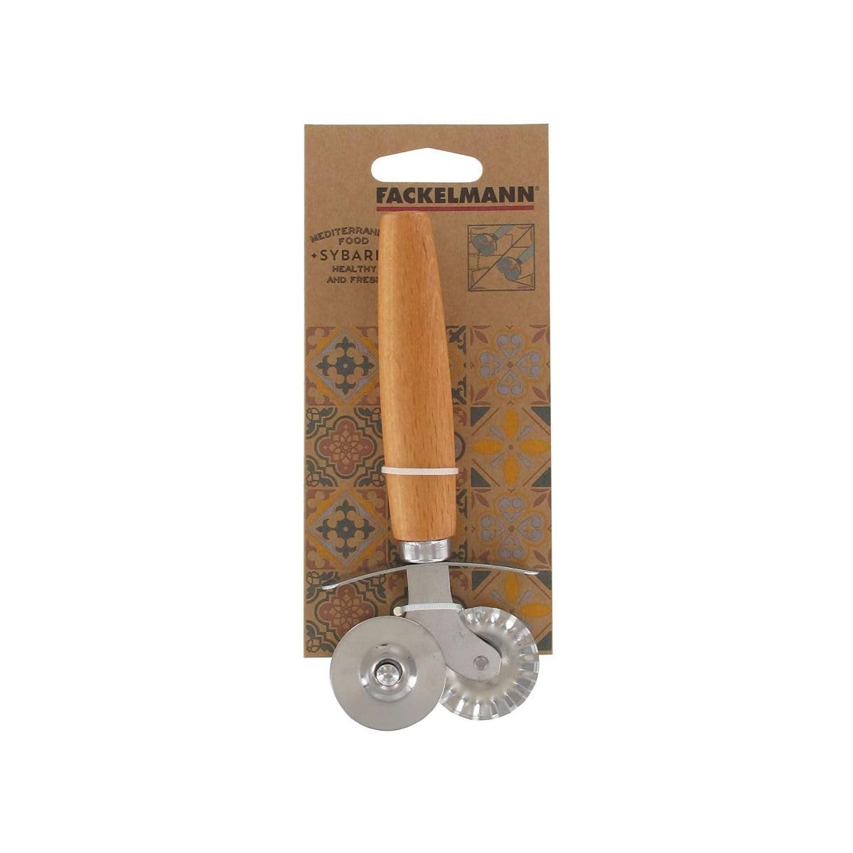 Fackelmann 40917 Roulette à pâtisserie, roulette pour raviolis, roulette inox pour raviolis, roulette double embout, Acier inoxydable, Bois, 16 cm