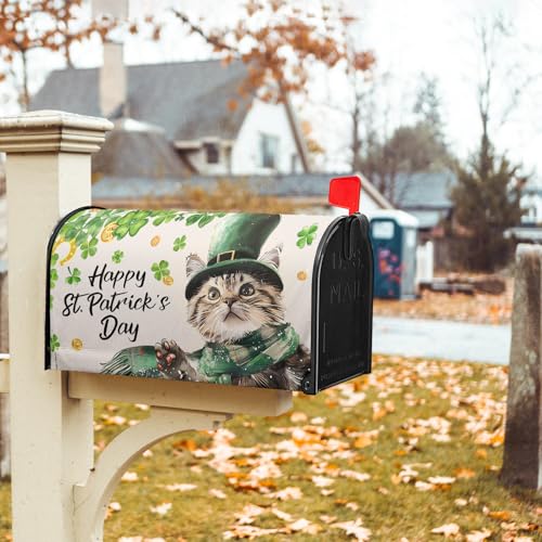 Image of Patrick Cat Magnetic Mailbox Cover 25.5x21 Inch Happy St. Patrick's Day Clover Shamrocks Kitten Mailbox Wrap Post Cover Standard Size for Garden Yard Outdoor Outside Patio Holiday Decor
