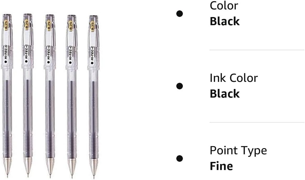 Pilot Hi-Tec-C 025 Gel Ink Pen, Hyper Fine Point 0.25mm, Black Ink, LH-20C25, Value Set of 5