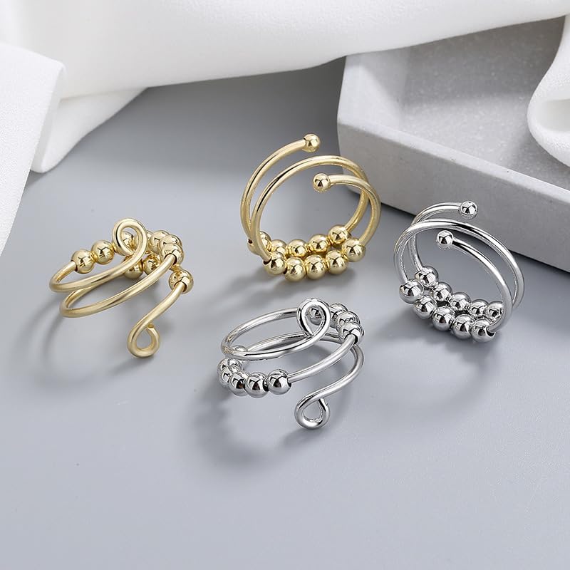 Vintage Beads Rotatable Fidget Anti Stress Opening Spinner Fidget Anxiety Silvery Color Rotate 316L Stainless Steel Rings for Women