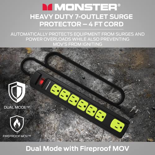 Monster Workshop Heavy-Duty Garage Power Strip Surge Protector - Mountable Heavy-Duty Wide-Spaced 7 Grounded Ac Outlets With 4Ft Angled Flat Plug - 1200 Joules - Etl Listed #TOP4