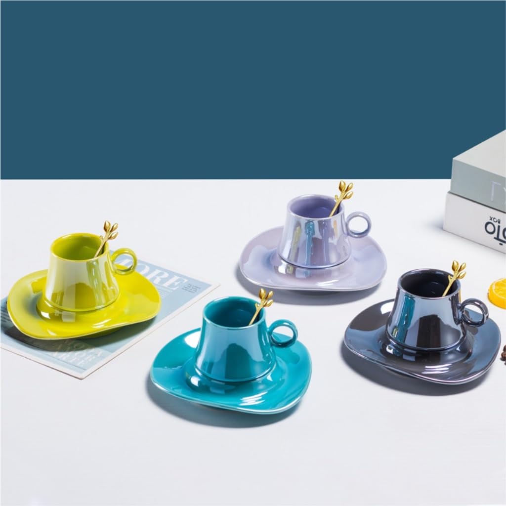 Tasses à café, Tasse à café en céramique feuilles brillantes, tasse de grande valeur, petit déjeuner la maison, service thé l'après-midi, ensemble tasses et soucoupes(Purple)