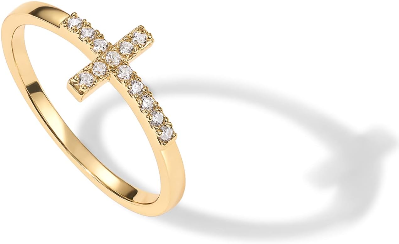 14K Gold Plated Cubic Zirconia Cross Ring for Women - Eternity Promise Ring for Her - Infinity Religious Wedding Band