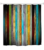 Goodbath Striped Shower Curtain,Colorful Wooden Board Waterproof Bathroom Shower Curtains, 72 x 72 I