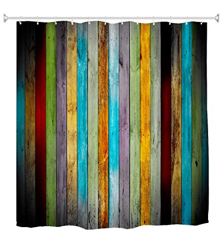 Goodbath Striped Shower Curtain,Colorful Wooden Board Waterproof Bathroom Shower Curtains, 72 X 72 Inch, Pink Blue Orange Yellow #TOP15