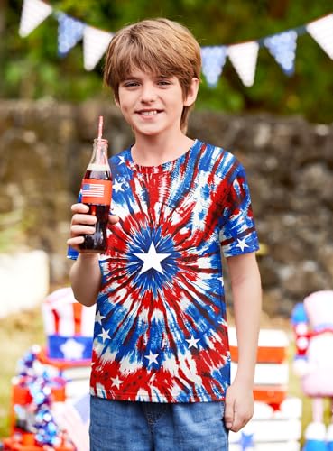 Image of BesserBay Unisex Kids 4th of July American Flag Tee Tie Dye Patriotic Short Sleeve Shirt 6-14 Years