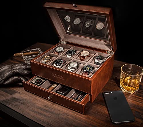 Beerust Watch Box Organizer For Men - Leather Watch Case - Luxury Watch Box - For Large Mens Wrist Watches - Mens Jewelry Box Organizer - Watch Case - With Mens Valet Drawer - Watch Display Case #TOP1