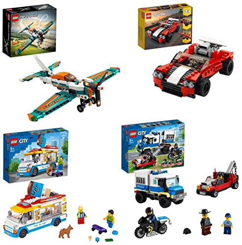 Image of LEGO 60276 City Police Prisoner Transport Tow Truck Toy+42117 Technic Race Plane Toy 2in1 Building Set+Sports Car+60253 City Great Vehicles Ice-Cream Truck Toy Skater&Dog Figure-(Set of 4Toys)