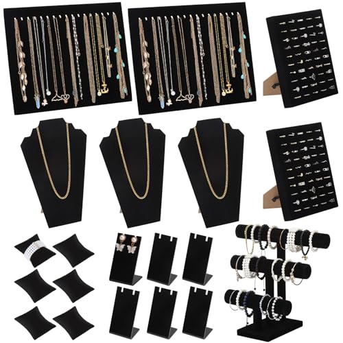 Fingertip WD 20 Pcs Black Velvet Jewelry Display Sets Necklace Bracelet Holder Jewelry Bust Holder Stand Ring Display Stand for Selling Craft Showcase Organizer