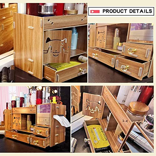 ANDER Makeup Organizer Wooden Dresser Organizer, Lipstick Organizers and Storage with Mirror, Makeup Storage Drawers Built-in Mirror Ring Earring Necklace Organizer Storage Case(Wooden Grain)