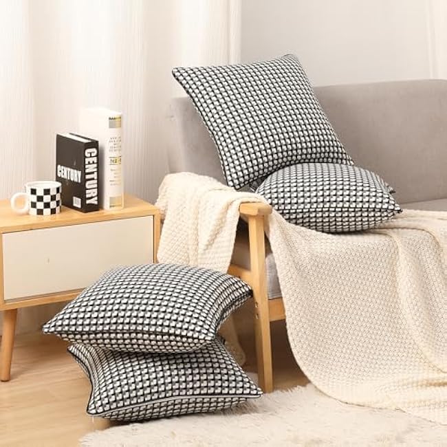 Yarn-Dyed Weaving Black and White Square 18 x 18 Pillow Covers Set of 4,Gingham Checkered Decorative Black and White Throw Pillows for Couch