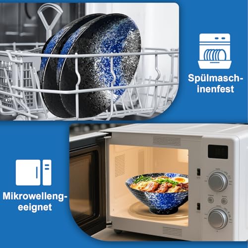 8 Zoll Keramik Ramen Schüssel 4 Set(17-Teilig) - Japanisches Porzellan Geschirr mit Gabel Essstäbchen Löffel und Rezepte Spülmaschinenfest für Nudeln Suppen Getreide Salate Geschenke für neuen Häusern