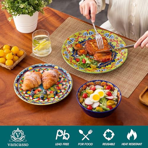 Image of vancasso 18 Pieces Plates and Bowls Set, Bohemian Style Dinnerware Sets Service for 6, Porcelain Boho Dishes Set for Kitchen, Housewaring Gift, Dishwasher and Microwave Safe, Series KRVI