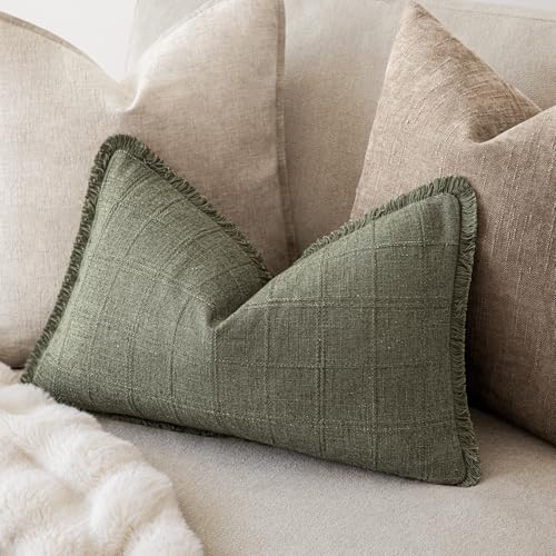 Image of Foindtower Set of 2 Decorative Linen Check Fringe Throw Pillow Covers Farmhouse Lumbar Cushion Covers Modern Boho Home Decor for Sofa Chair Couch Bedroom Living Room,12x20 Inch,Olive Green