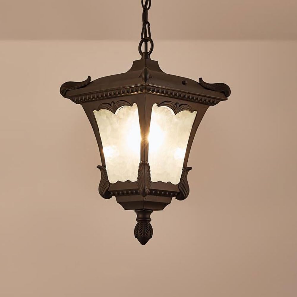 BLOOHK Antique Gold Outdoor Hanging Lantern, Victorian Vintage Exterior Pendant Light with Hammered Glass, Waterproof Retro Lamp for Porch, Patio, Gazebo, Entryway(Black)