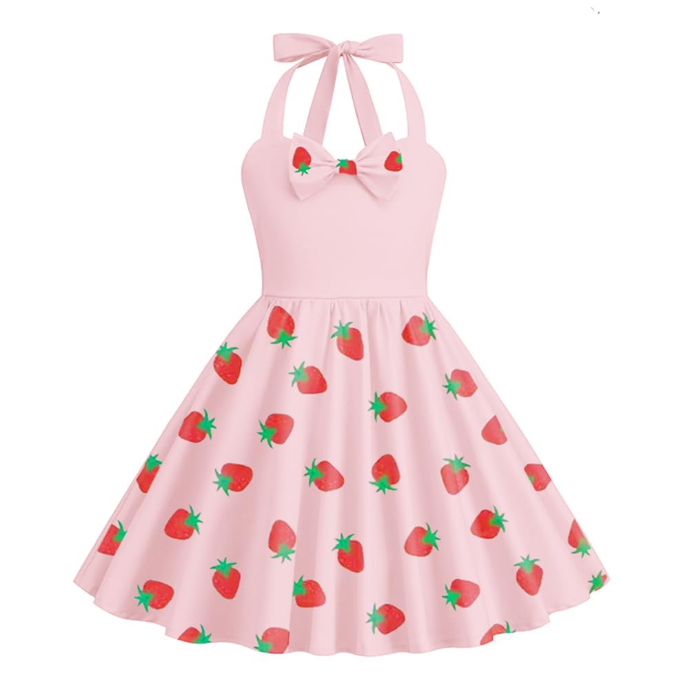 1950er Vintage-Kleider für Mädchen, Neckholder-Kleid, ärmellos, Schleife, Herzausschnitt, 4–12 Jahre
