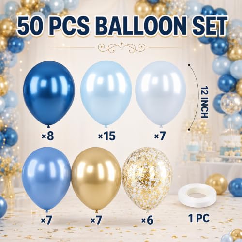 Image of Blue and Gold Balloon, 50 Packs 12 Inch Metallic Blue Pearl Double Stuffed Blue Balloons with Gold Confetti Ballons for Birthday Party Decorations Wedding Bridal Shower Baby Shower Graduate
