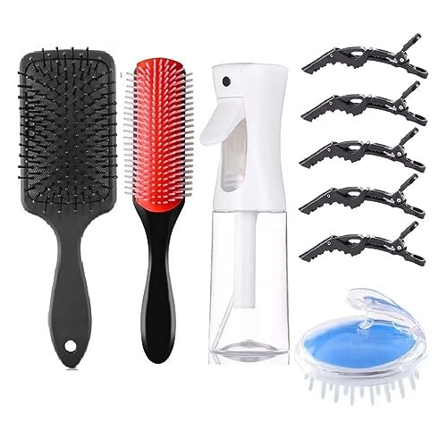 Detangling Brush Set for Curly Hair with Hair Spray Bottle, Paddle Hair Brush, Hair Scalp Massager Brush, 9 Row Nylon Brush and Hair Clips