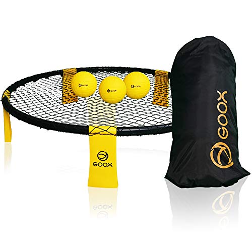 GOOX Spike Game Set Played Outdoors, Indoors, Yard, Tailgate, Park, Lawn, Beach Fun Roundnet Game for Boys, Girls, Teens, Adults, Family Includes Playing Net, 3 Balls, Carrying Bag and Manual