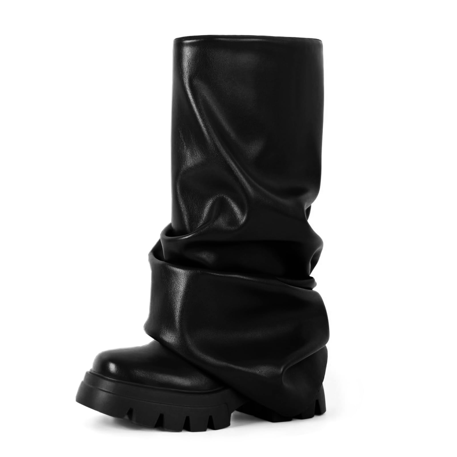 Womens Platform Round Toe Fold Over Mid Calf Boots Chunky Heel Pull-On Fashion Shark Booties for Ladies Party