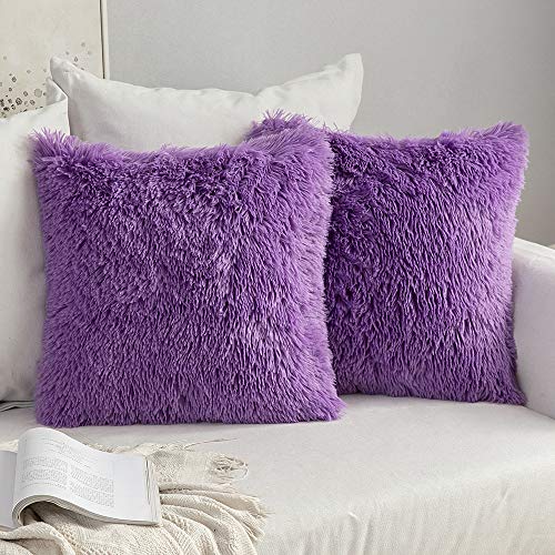 Image of MIULEE Pack of 2 Luxury Faux Fur Fluffy Throw Pillow Covers Set Soft Deluxe Winter Decorative Plush Fleece Pillowcases for Cushion Couch Sofa Bedroom Home 20 x 20 Inch Purple