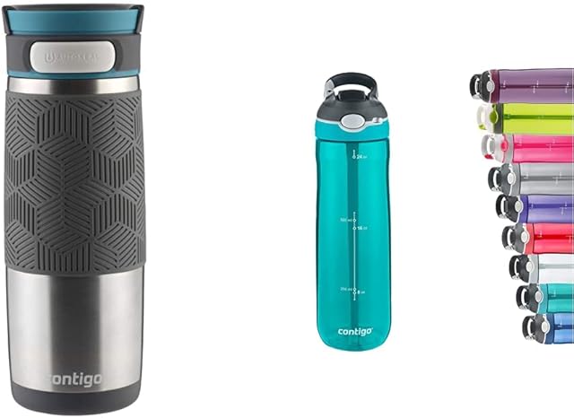 Contigo Transit Autoseal Travel Mug, Stainless Steel Thermal Mug, 470 ml & Ashland Autospout Water Bottle with Flip Straw, Large BPA Free Drinking Bottle, Sports Flask, 720 ml, Scuba