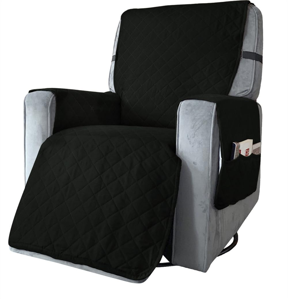 Highdi Fundas para Sillas Reclinables Impermeable Lavables 1 Plaza Funda Sillón Relax con Banda Elástica Ajustable y Bolsillos Laterales, Acolchado Protector para Sofá Hogar (Pequeño,Negro)