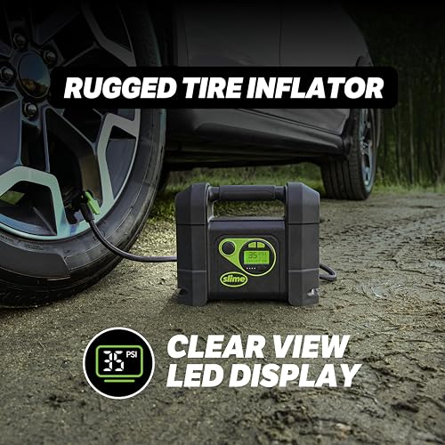 Image of Slime 40080 Cordless Tire Inflator, Rugged Portable Air Compressor Pump with Auto Shut Off, Lithium Ion Battery and LED Light, Rechargeable