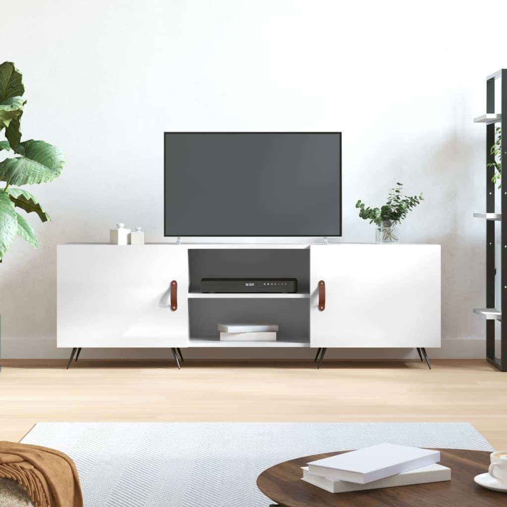 Szafka pod telewizor, wysoki połysk, biała, 150 x 30 x 50 cm, materiał drewnopochodny z 4 półkami i żelaznymi nogami – szklany stolik pod telewizor do przechowywania i stabilnej prezentacji