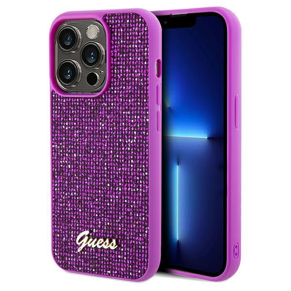 Guess GUHCP14LPMSDGSF Coque de Téléphone pour iPhone 14 Pro 6,1'' Fuchsia Coque Rigide Disco Metal Script